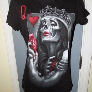 OGABEL BLACK QUEEN OF HEARTS SLIM FIT SHIRT SIZE S WOMEN'S EUC